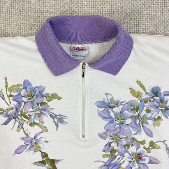 Vintage Hummingbird Sweatshirt 1/4 Zip Women's Size XXL 2XL White Purple Flower - Picture 2 of 8